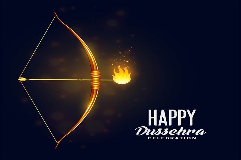 Bow and burning arrow happy dussehra festival card