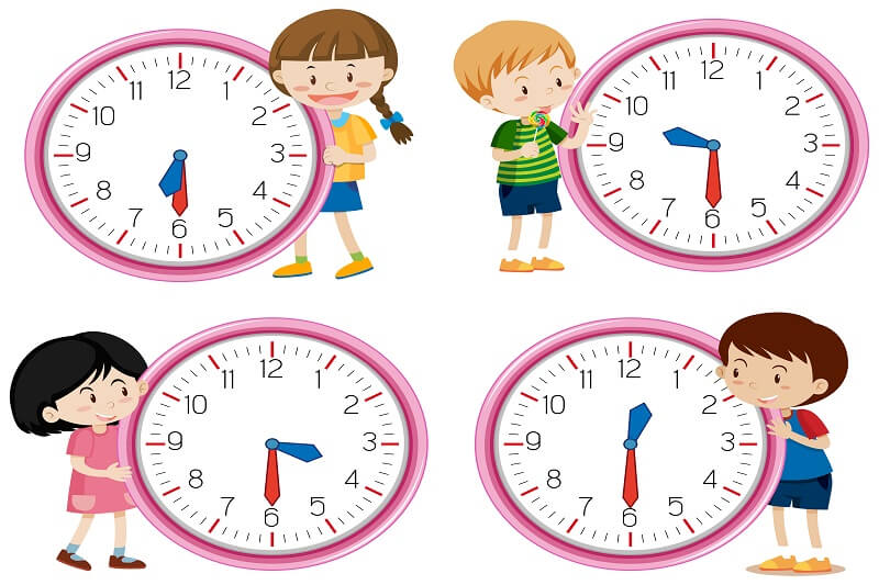 Children holding clock on white background