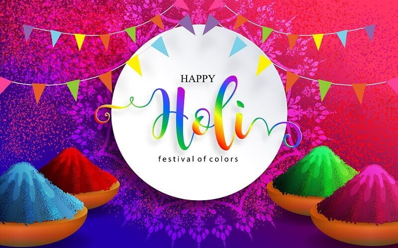 Colorful gulaal powder color indian festival for happy holi card with gold patterned and crystals on paper color