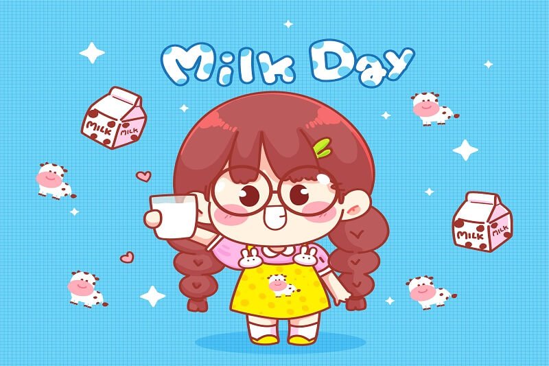 Cute girl smiling holding glass of milk in hand, milk day illustration