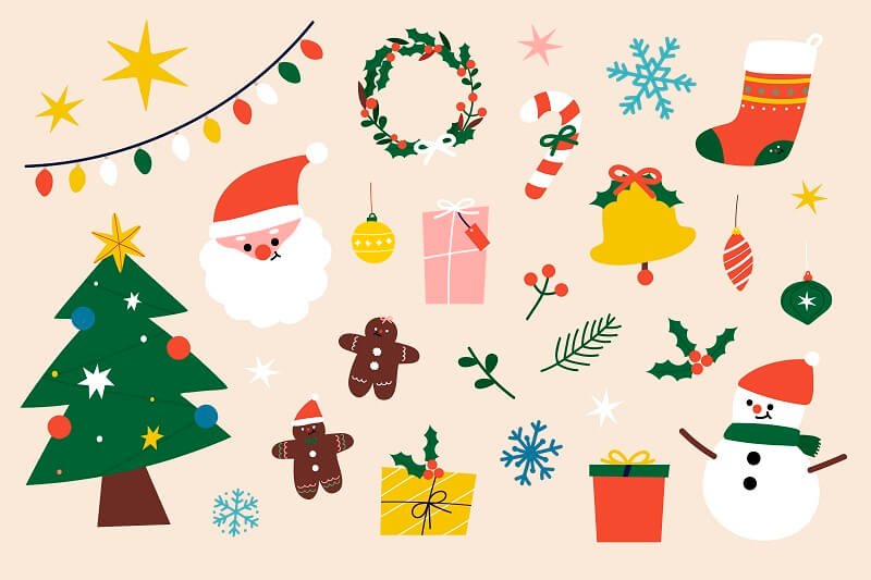 Festive-christmas-clipart-elements-collection-Free-Vector