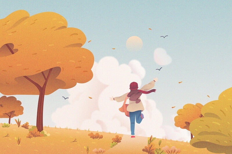 Flat design autumnal background with kid running