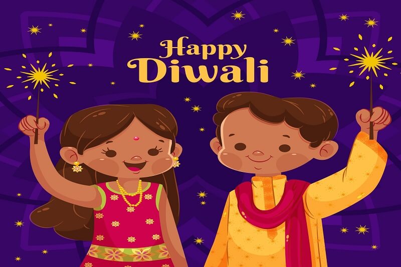 Flat happy diwali cartoon kids