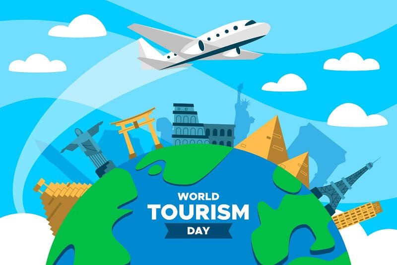 Flat world tourism day with airplane