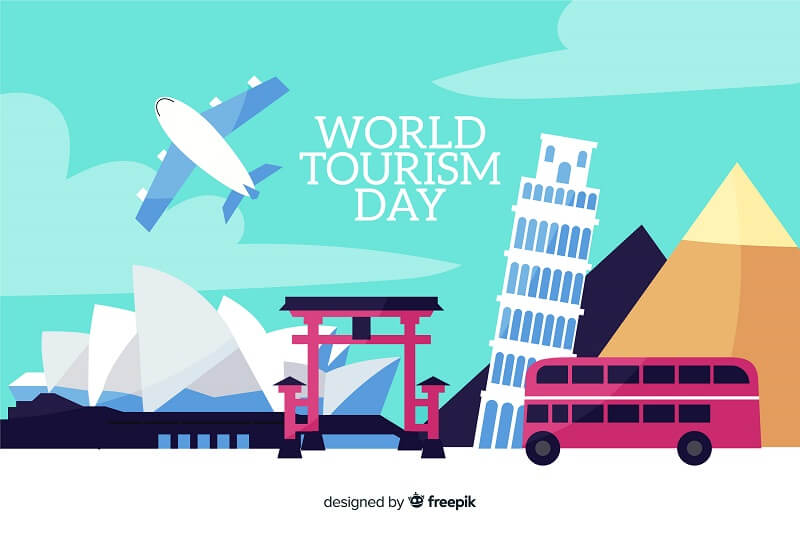 Flat world tourism day with transport and landmarks