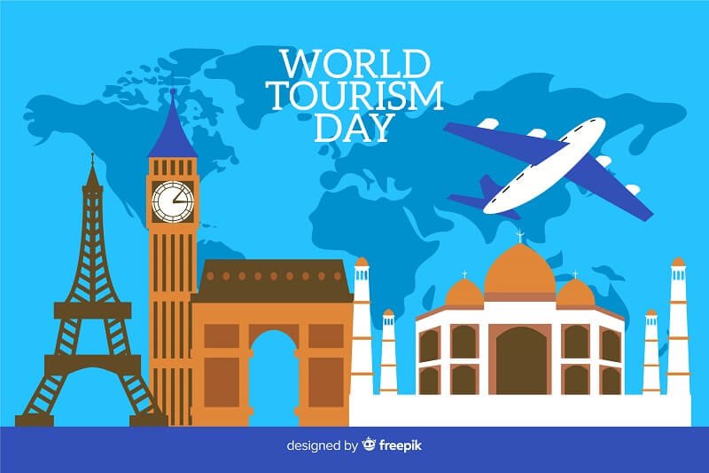 Flat world tourism day with world map in background