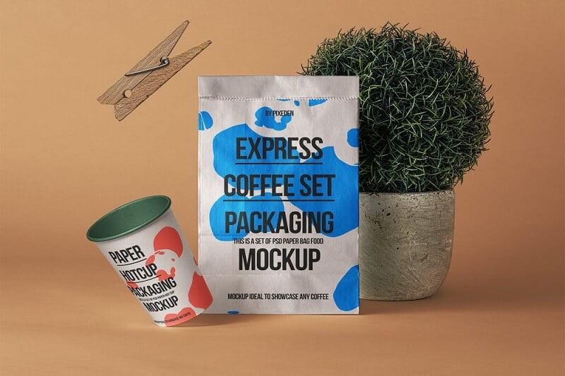 Free Paper Bag with Paper Coffee Cup Mockup