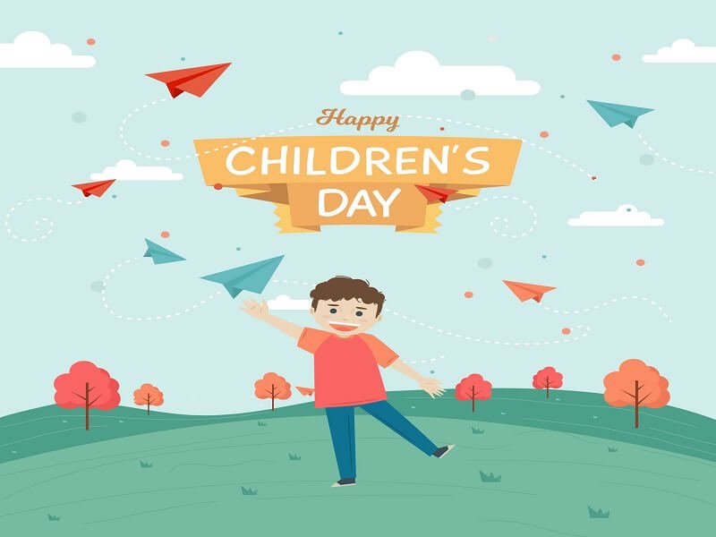 Happy children's day background with kid flying paper planes