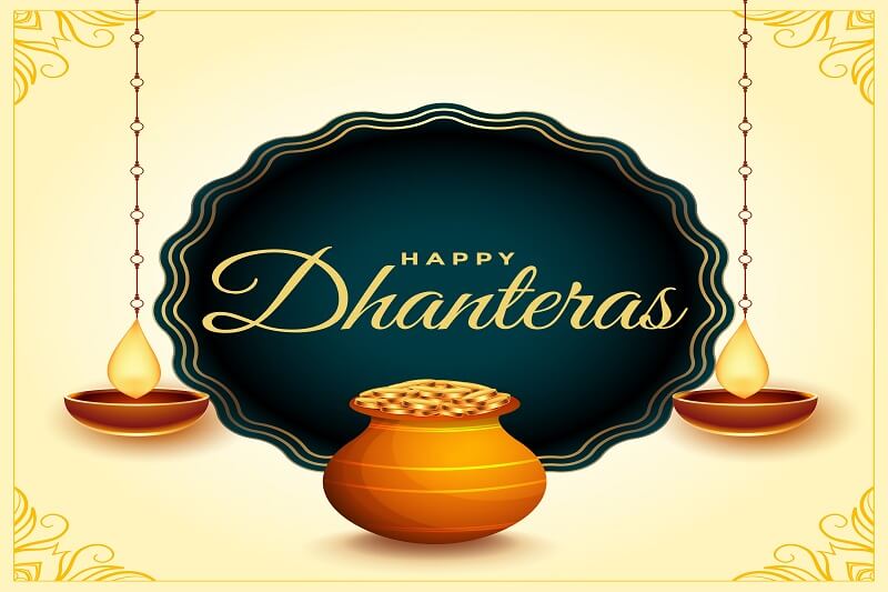 Happy dhanteras festival card with diya and gold coin pot