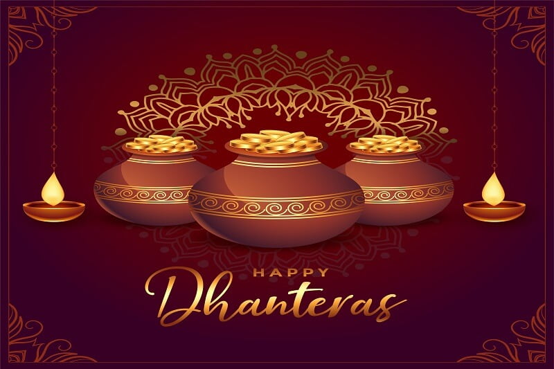 Happy dhanteras golden coin pot and diya background