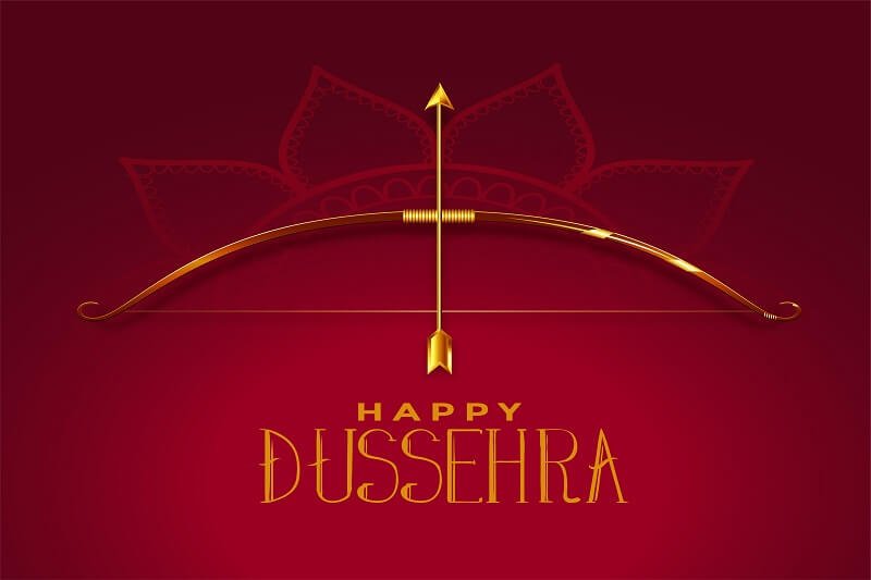 Happy dusshera beautiful festival card with golden bow and arrow