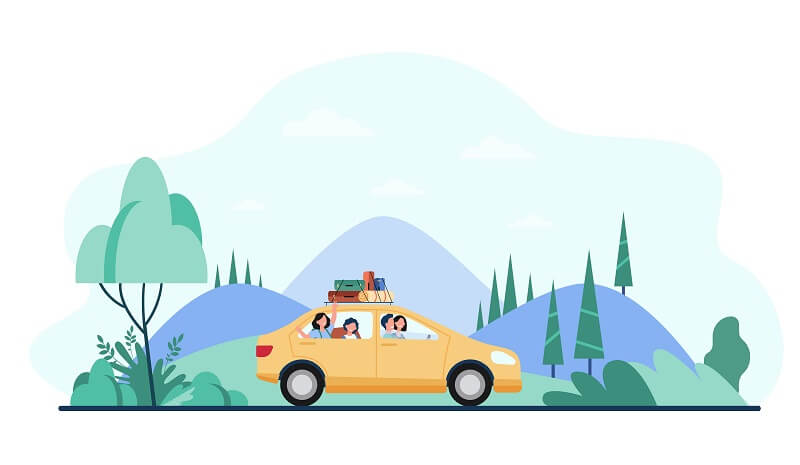 Happy family travelling by car with camping equipment