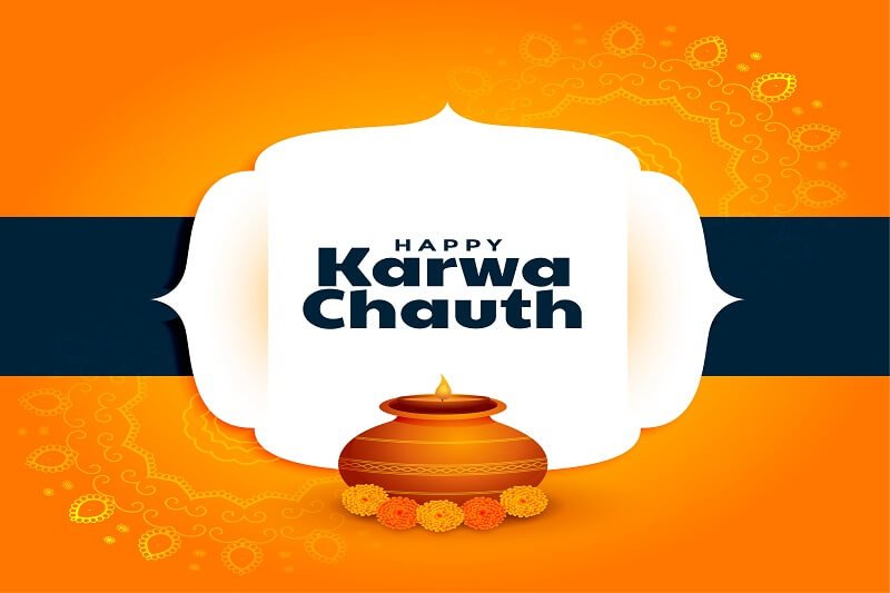 Happy karwa chauth greeting with kalash and diya decoration