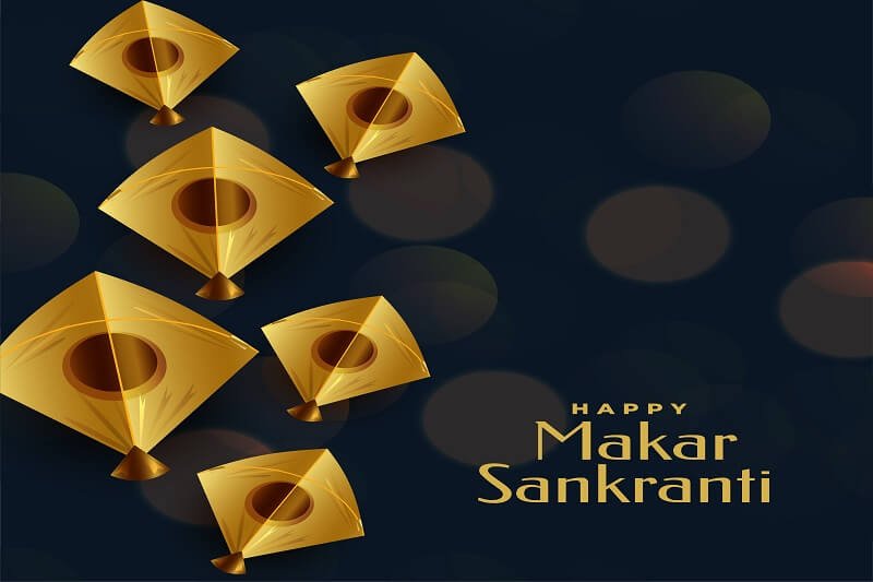 Happy makar sankranti festival greeting with golden kite
