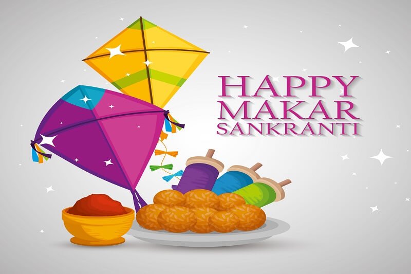 Happy makar sankranti greeting with kites and food