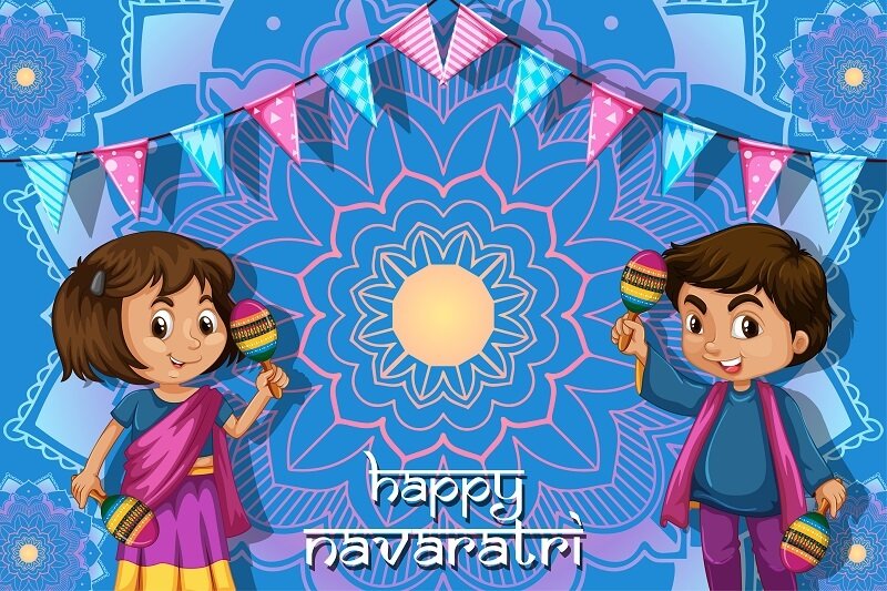 Happy navaratri festival greeting card with two kids and party decoration