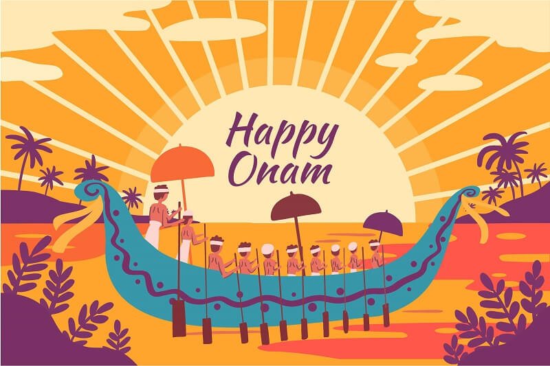 Happy onam woth boat and river