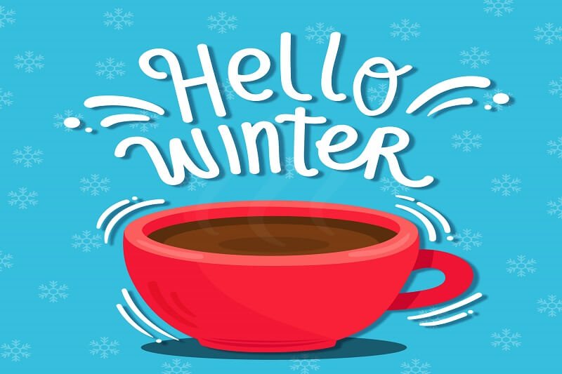 Hello winter lettering on blue background with snowflakes
