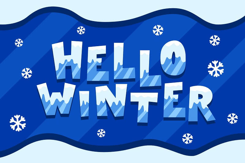 Hello winter lettering with snowflakes around