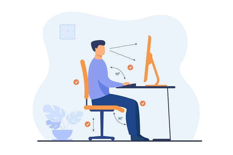 Instruction for correct pose during office work flat illustration