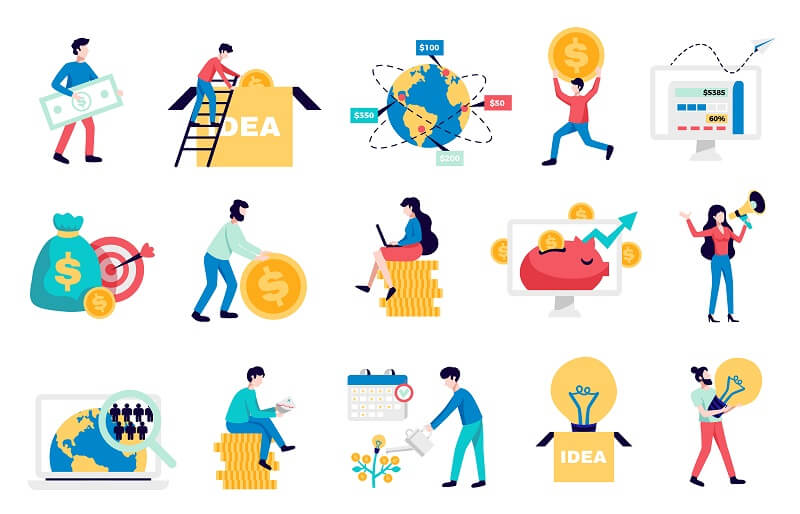 International crowdfunding money raising internet platforms for business startup nonprofit charity symbols flat icons collection illustration
