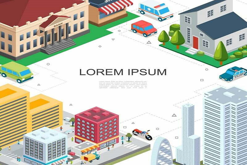 Isometric cityscape colorful template with modern buildings bank skyscraper estate people on street police ambulance cars motorcycle bus illustration