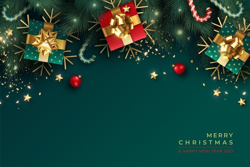 Lovely-christmas-background-with-realistic-green-and-red-decoration-Free-Vector