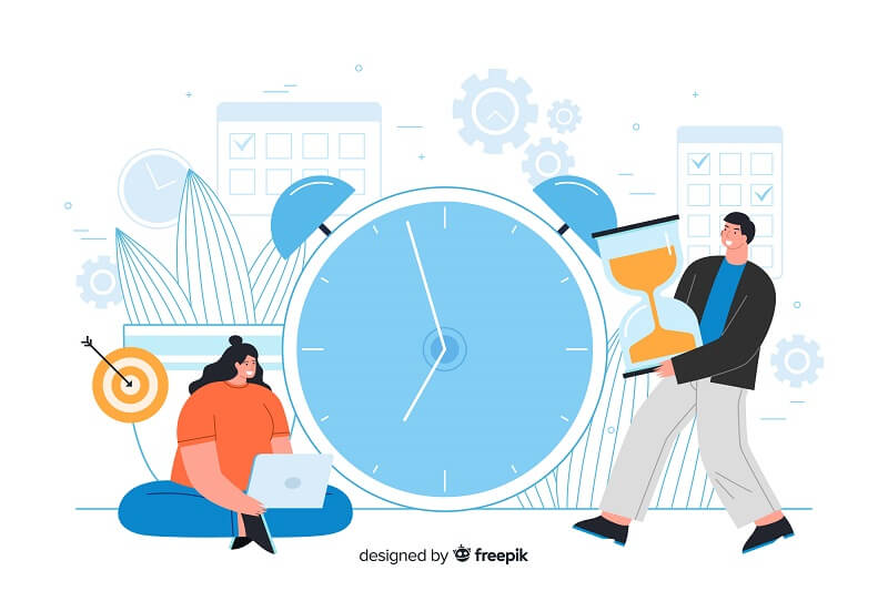 Man and woman with big clock screen landing page