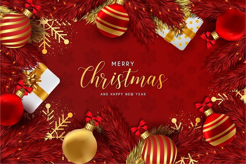 Merry-christmas-and-happy-new-year-background-red-with-realistic-christmas-elements-Free-Vector