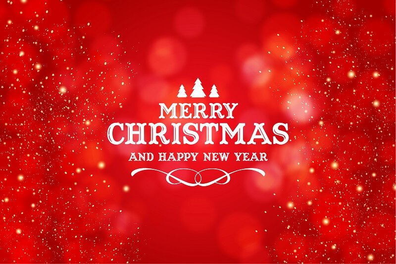 Merry-christmas-and-happy-new-year-logo-with-realistic-christmas-red-bokeh-background-Free-Vector