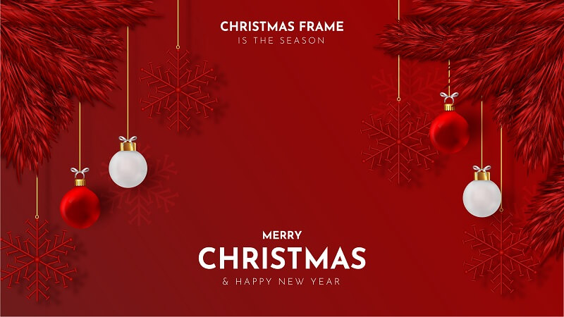 Merry christmas frame with realistic christmas balls