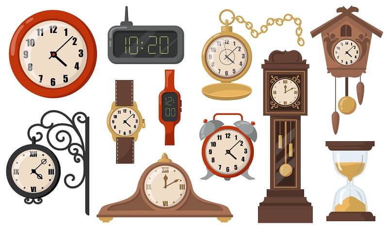 Modern or retro mechanical and electronic clocks flat item set