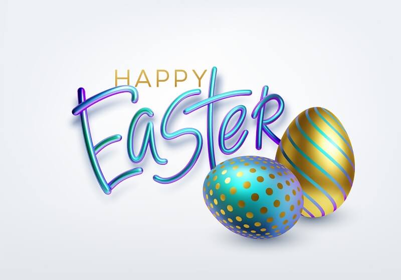 Modern trendy golden metallic shiny typography happy easter on a background of easter eggs