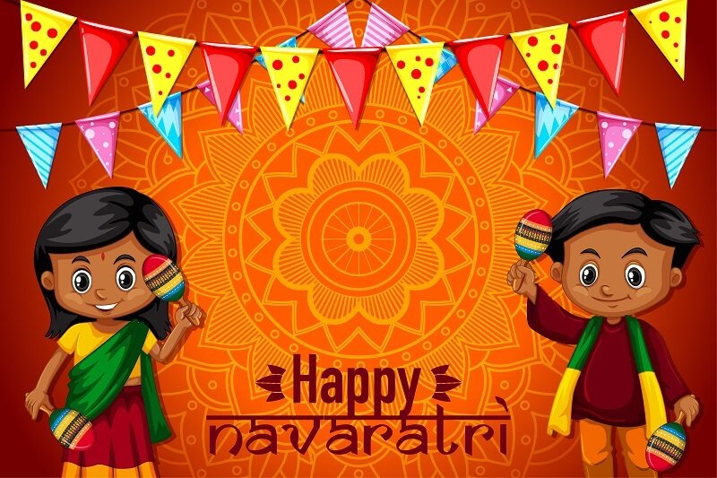 Navaratri poster with mandala pattern and happy children