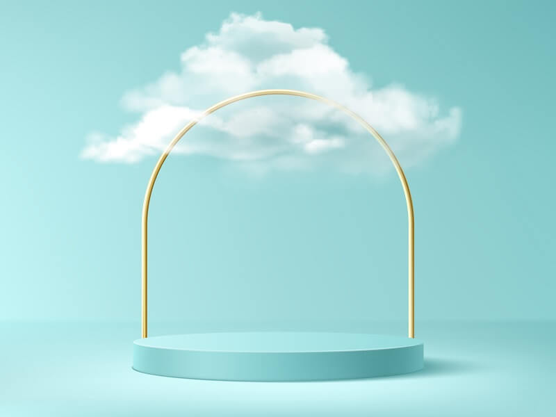 Podium with clouds and gold arch, abstract background with empty cylindrical stage for award ceremony