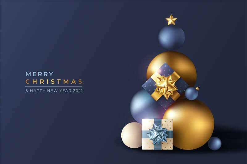 Realistic-3d-christmas-background-with-blue-and-golden-ornaments-Free-Vector