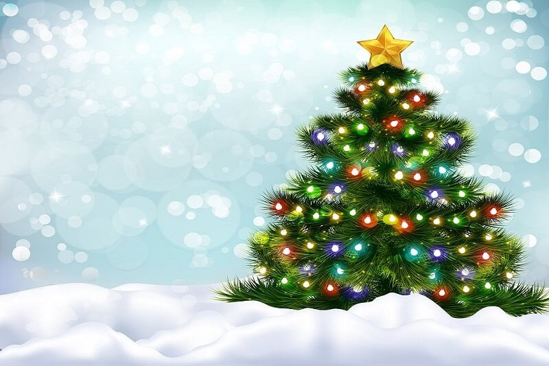 Realistic-background-with-beautiful-decorated-christmas-tree-and-snow-banks-Free-Vector