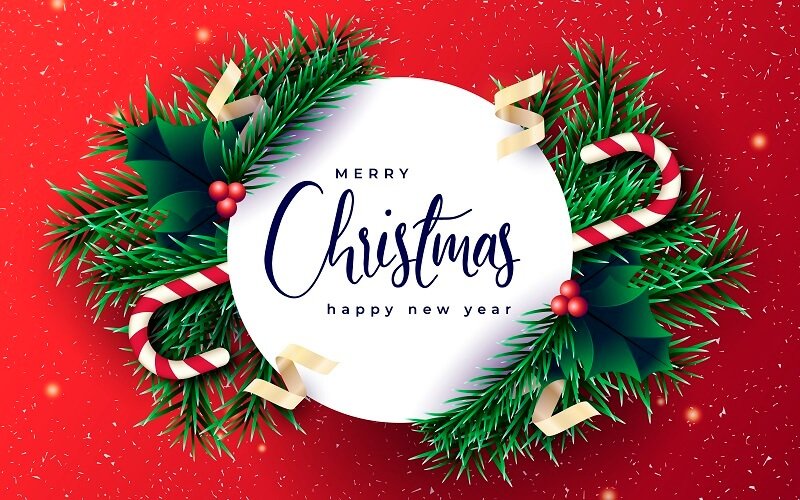 Realistic-christmas-banner-with-branches-and-red-background-Free-Vector
