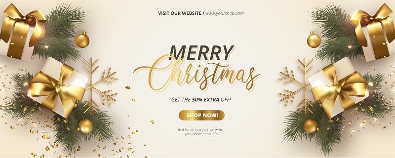 Realistic-christmas-banner-with-white-and-gold-decoration-Free-Vector