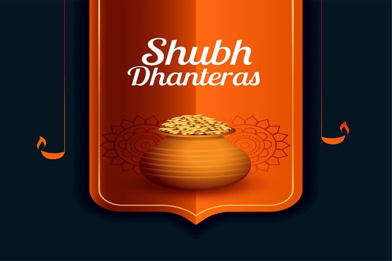 Shubh dhanteras festival card with gold coin kalash