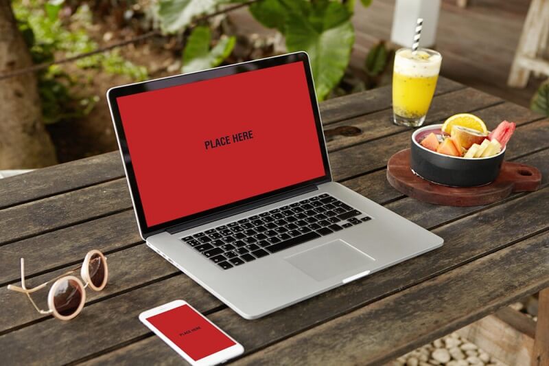 Smartphone With Laptop Mockup on Wooden Table