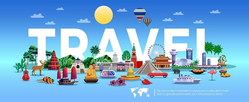 Travel and tourism illustration with resort and sightseeing elements