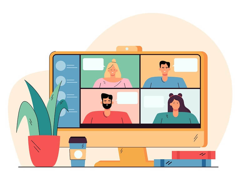 Videoconference with happy people on desktop flat illustration