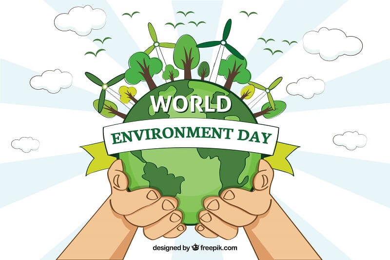 World environment day background with hands and windmill