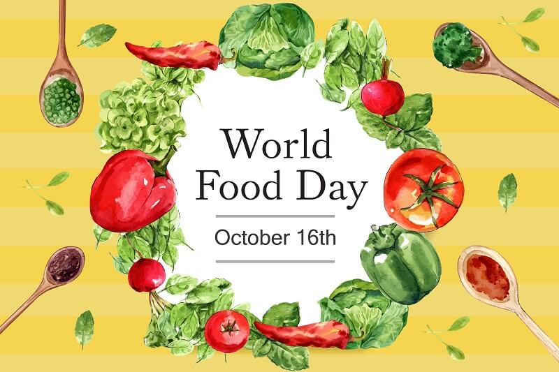 World food day frame with chili, tomato, basil, leaf watercolor illustration