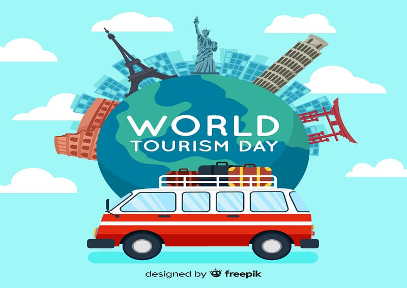 World tourism day background with landmarks and transport