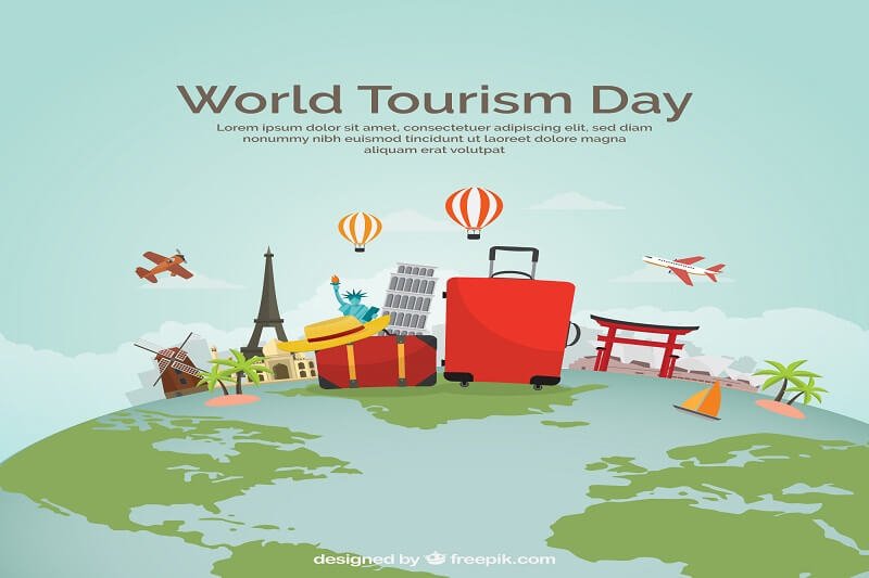 World tourism day, travel elements on the planet earth