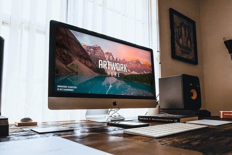 iMac Mockups on wooden Desk Mockup