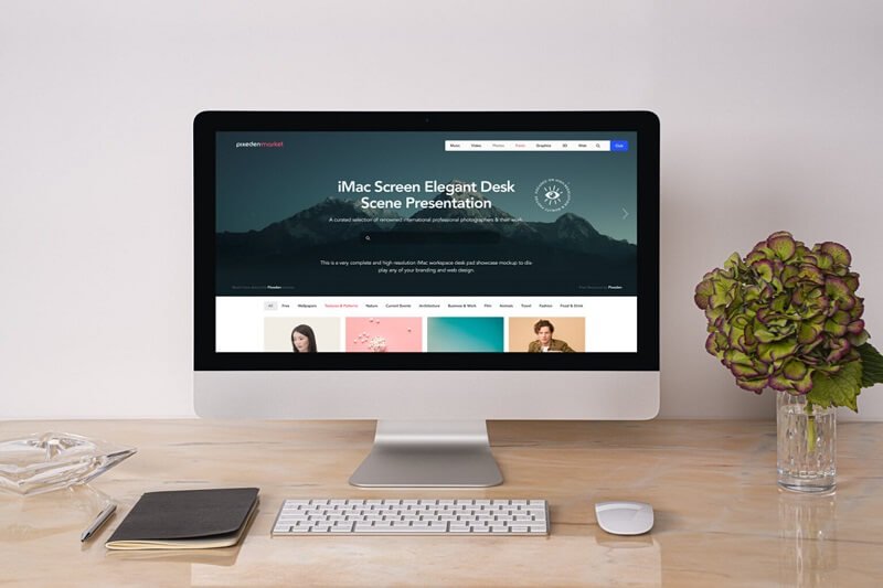 iMac with Keyboard on wooden Desk Mockup