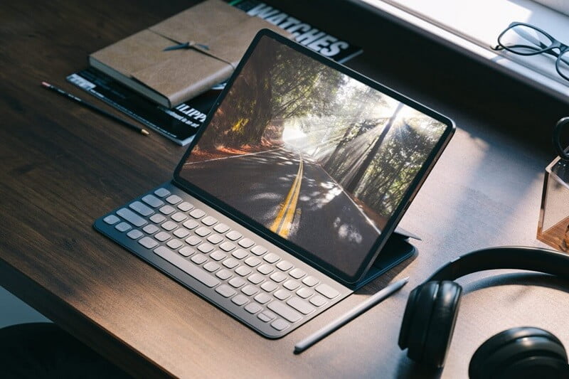 iPad Pro with Keyboard on a Desk Mockup